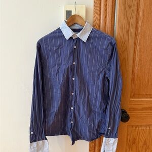 Filippa K Blue Pinstripe Tuxedo Dress Shirt with Contrast Collar